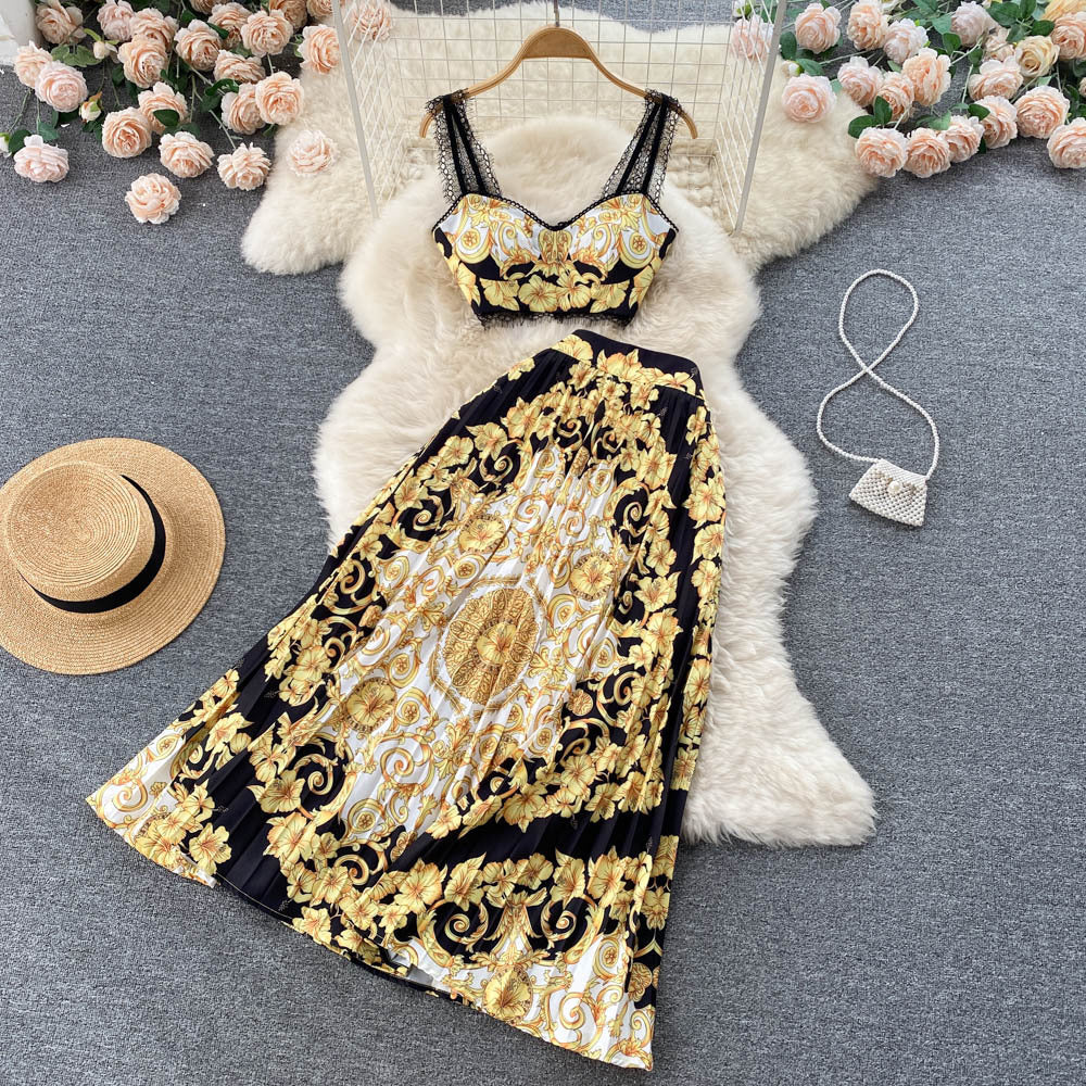 Baroque Lace Stitched Floral Print Crop Tank Top + Pleated Maxi Skirt Women's 2-Piece Set