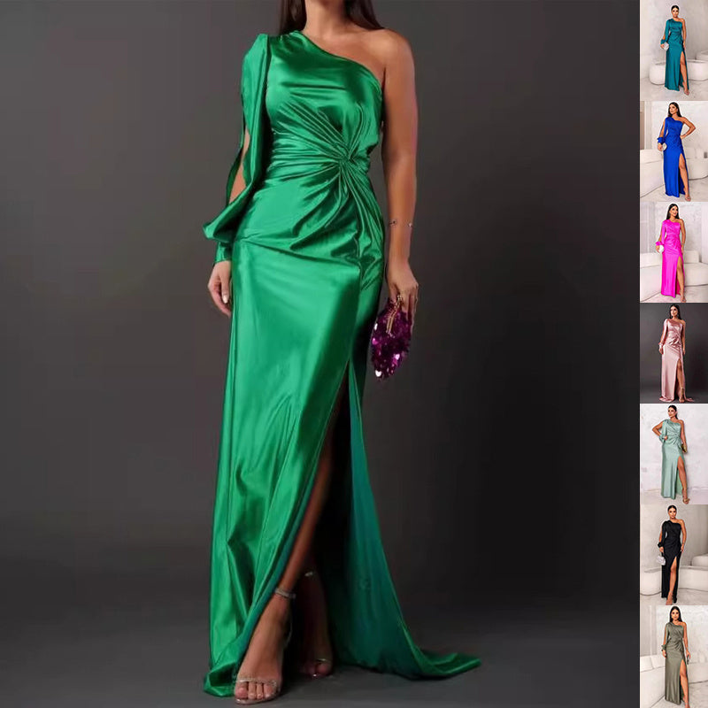 Satin Asymmetrical One Shoulder High Side Slit Long Sleeve Party Evening Formal Maxi Dress to 3X Plus Size-13 Colors