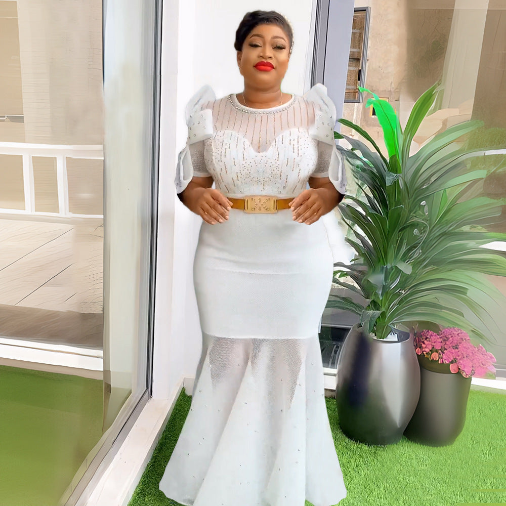 Hot Drill Diamond Beaded Embroidered  Evening Fishtail Formal Maxi Dress to 3X Plus Size