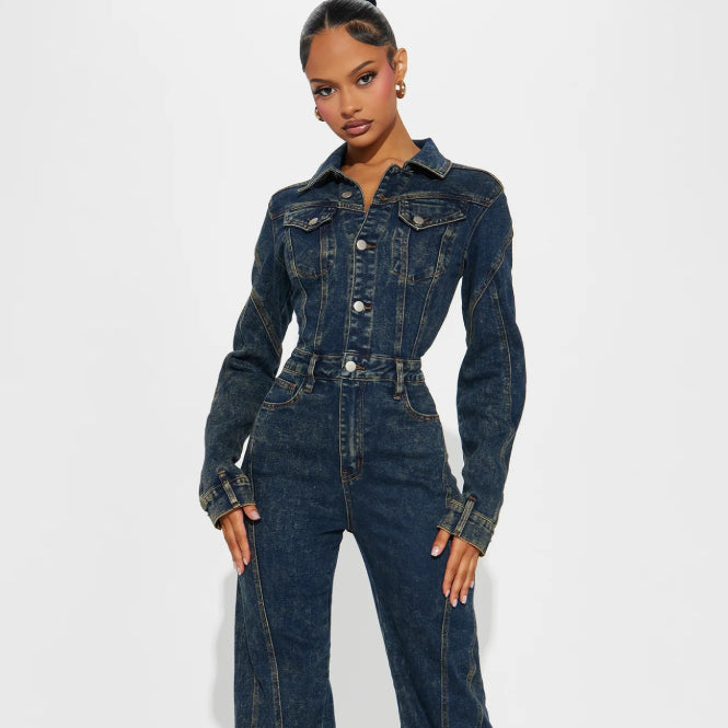 Denim Dark Blue Washed Long Sleeve Patchwork Turn-Down Collar Women's Jeans Jumpsuit