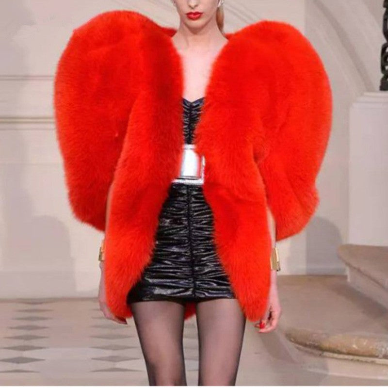 Faux Fur Oversized Red Angel Wing Heart Women's Cape Jacket