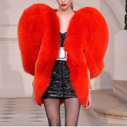 Faux Fur Oversized Red Angel Wing Heart Women's Cape Jacket