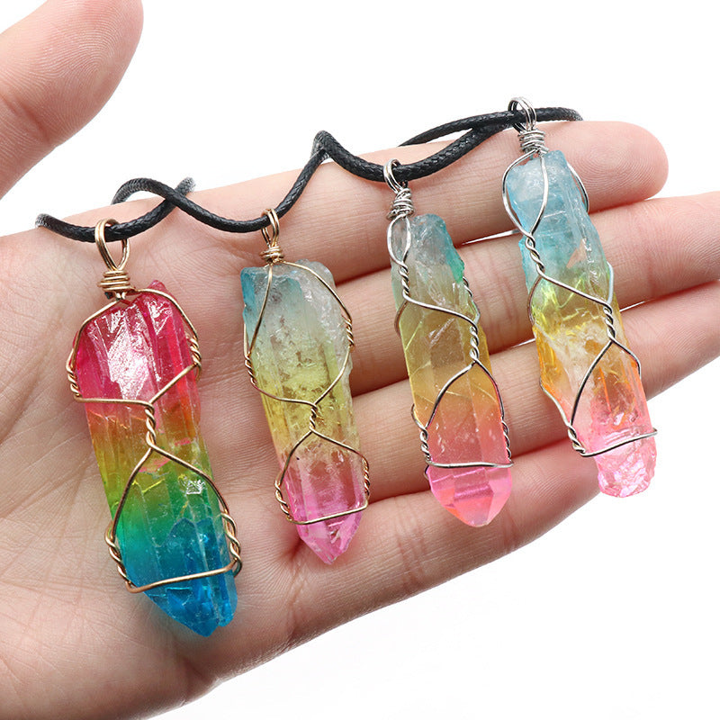 Gradient Colorblock Crystal Stone Pillar Tree Of Life Pendant Chain Necklace