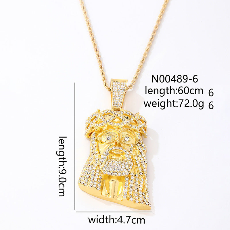 Jesus Piece Hip-Hop Iced Cubic Zirconia Gold Plated Pendant Micro Inlaid Rope Chain Necklace