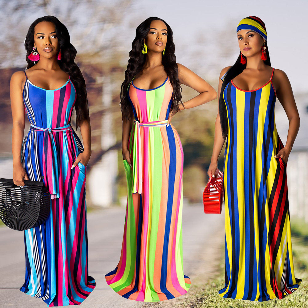 Striped Colorblock Print Sleeveless Spaghetti Strap High Slit Maxi Dress w/ Sash Belt to 3X Plus Size