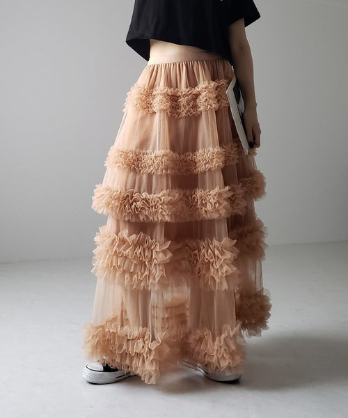 Mesh Tiered Sheer Transparent 3-Layer Spliced Tutu Maxi Skirt