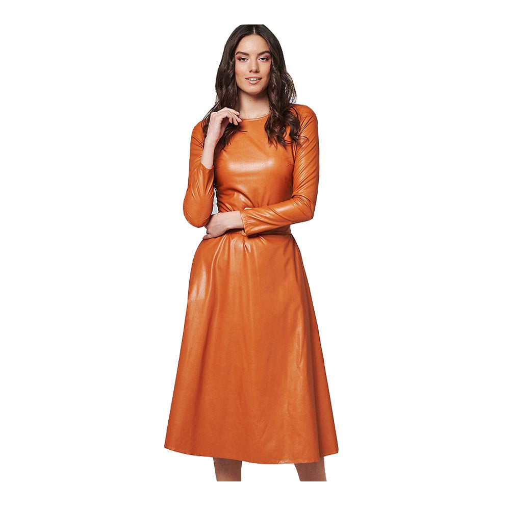 PU Leather O-Neck Solid Color Long Sleeve Flared Sash Belted Dress