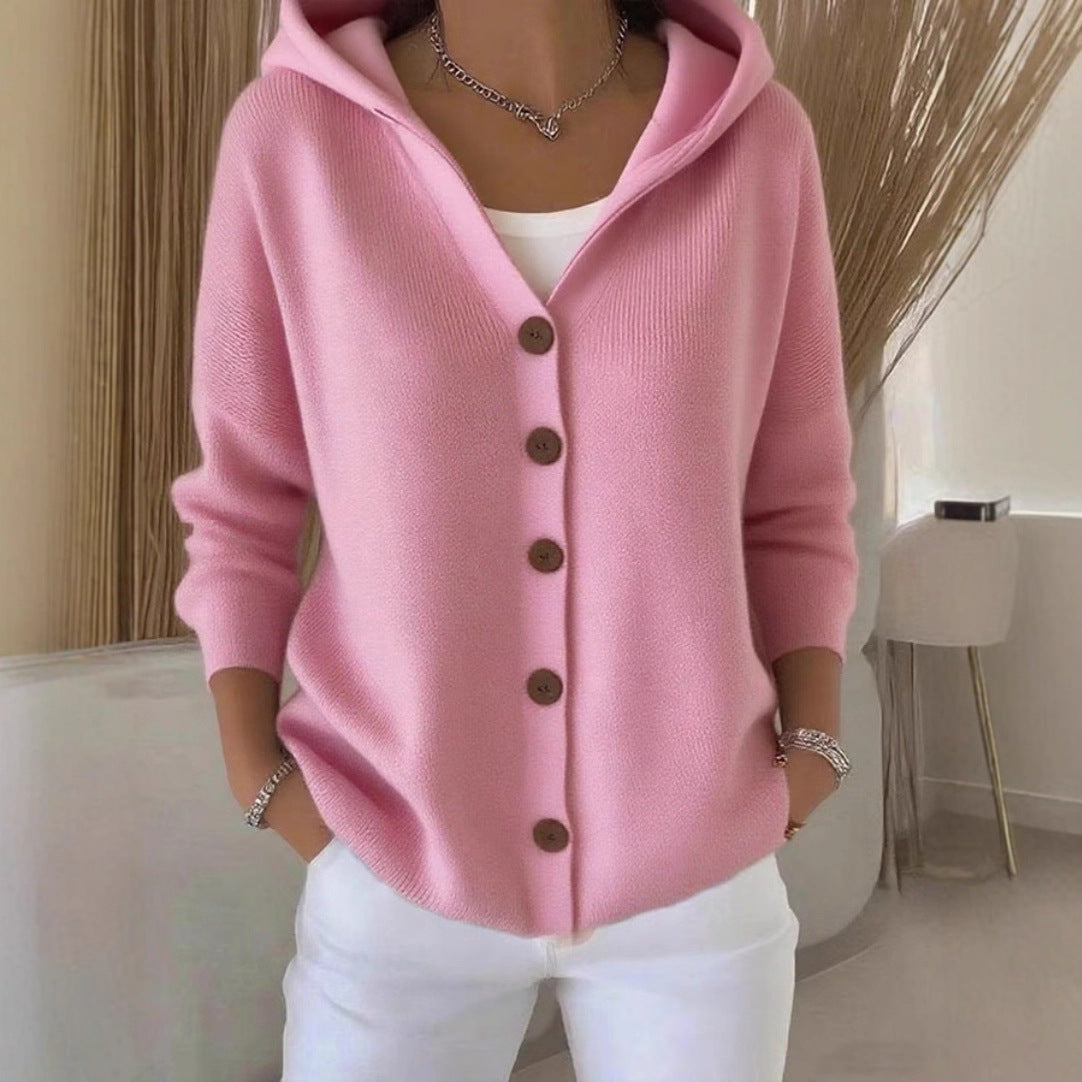 Button-Up Solid Color Knitted Women's Hoodie Cardigan Sweater to 5X Plus Size