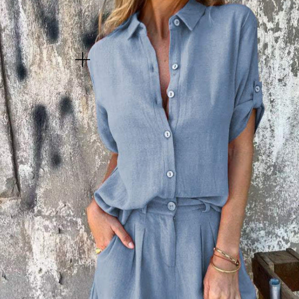 Short Sleeve Solid Color Women's Lapel Button-Up Blouse + Pocket Shorts 2-Piece Set