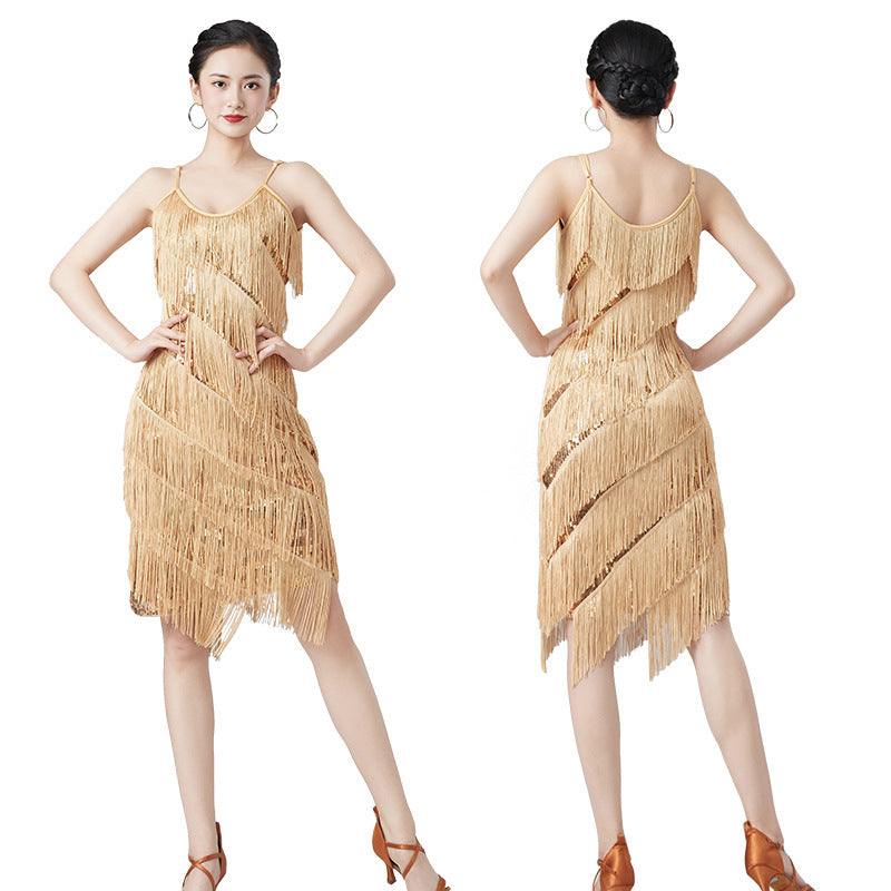 Sparkling Metallic Mesh Tiered Layered Sequin Tassel Fringe Decor Formal Swing Dancer Dress to 3X Plus Size