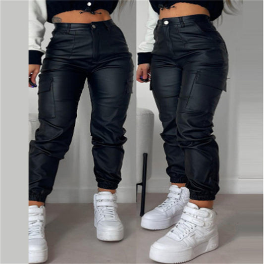 Solid Color PU Leather Ruched Women's Multi-Pocketed Patchwork Skinny Trouser Cargo Pants