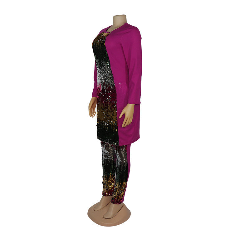 High Elastic Colorful Sequin Cotton And Linen Women's Pants Suit