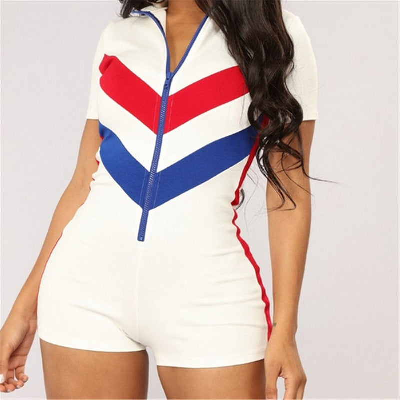 Colorblock Diagonal Striped Short Sleeve Zipper Front Fitness Bodycon Skinny Workout Shorts Romper to 3X Plus Size