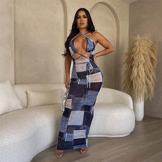 Mock Denim Mesh Sheer Sleeveless Colorblock Backless Lace-Up Maxi Dress