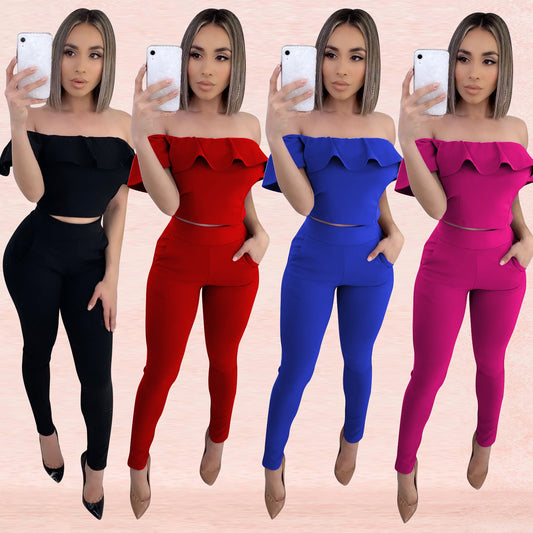 Ruffled Solid Color Off-the-Shoulder Sleeveless Crop Top + Skinny Leggings 2-Piece Set