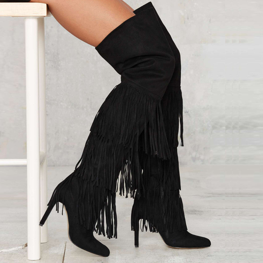 Black Fringe Tassel Fringe High Heel Over-the-Knee Boots