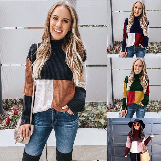 Colorblock Ribbed Women's Long Sleeve Pullover O-Neck Sweater