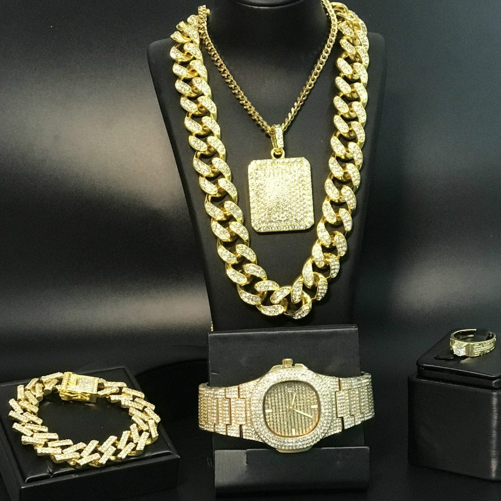 Gold or Silver Hip-Hop Full Diamond Thick Cuban Chain Necklace, Square Diamond Pendant Chain Necklace Bracelet, Watch & Diamond Ring 5-Piece Jewelry Set