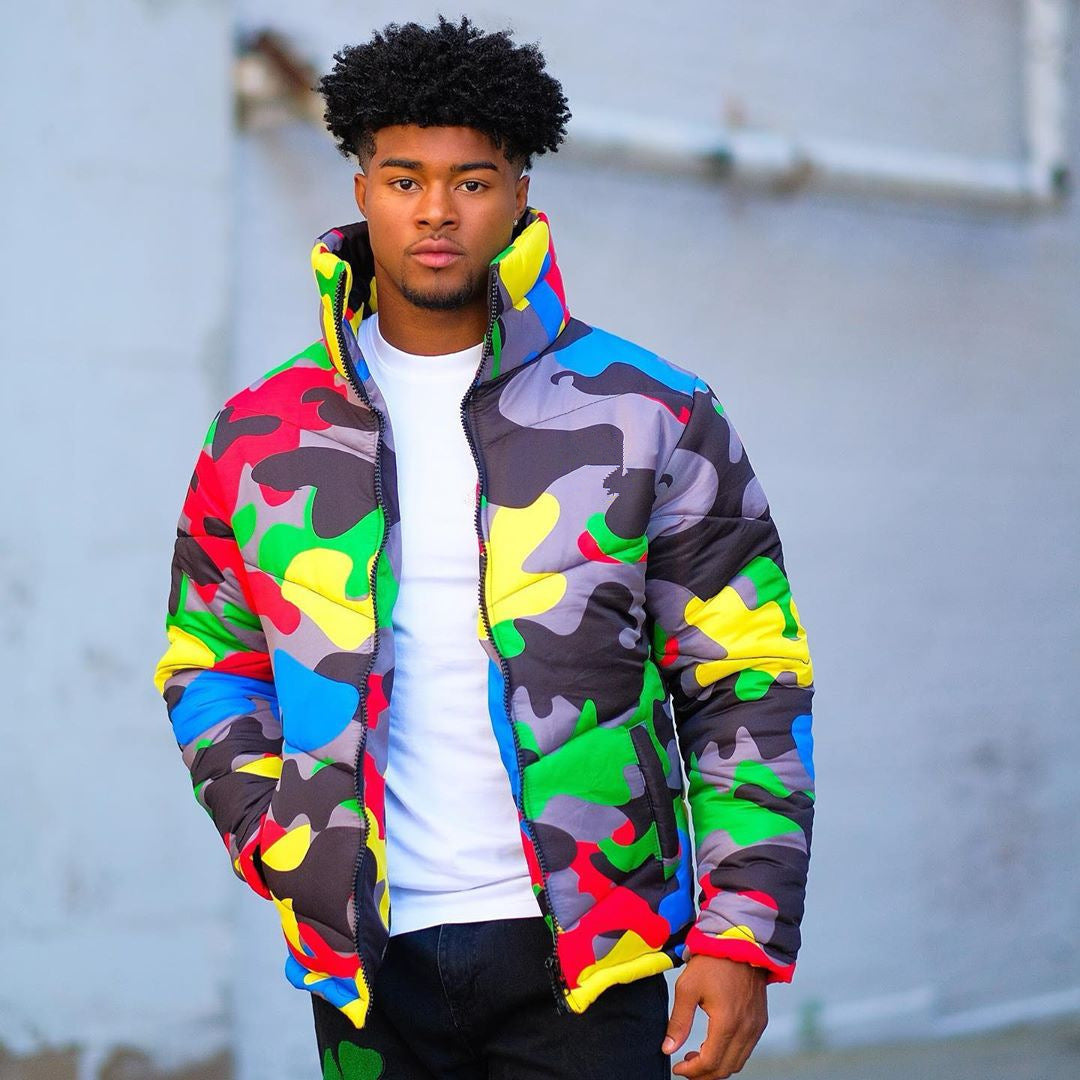 Camoflauge Print Stand Collar Streetwear Unisex Zipper Bomber Puffer Jacket