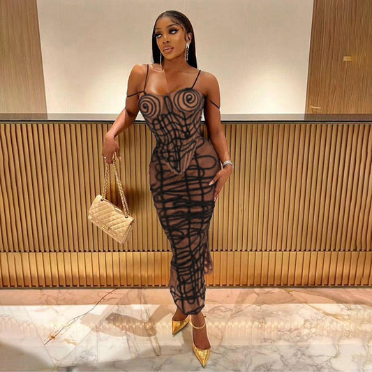 Abstract Striped Design Sheer Transparent Bustier Crop Tank Top + Maxi Skirt 2-Piece Set