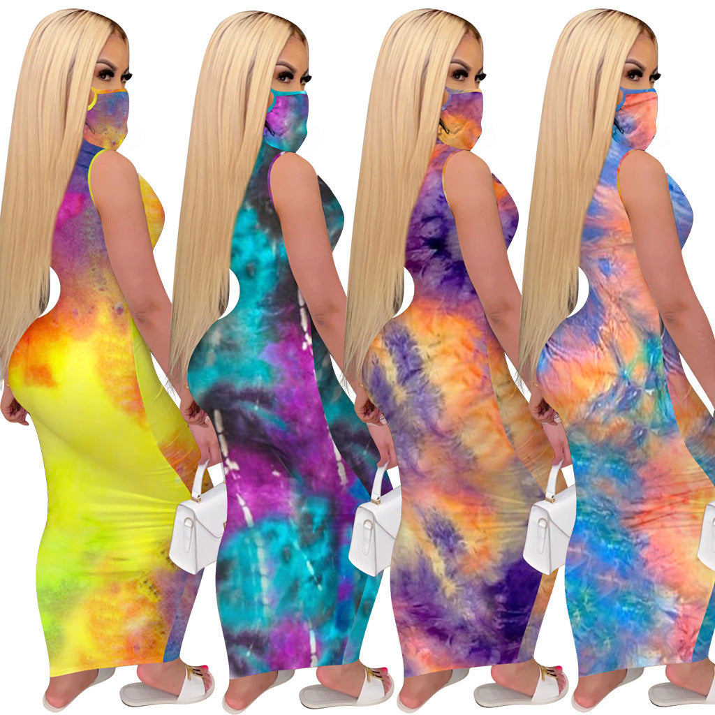 Tie-Dye Sleeveless O-Neck Bodycon Skinny Maxi Dress w/ Matching Mask