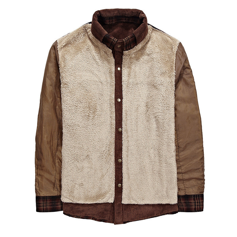 Men's Plaid Colorblock Fleece Lined Pure Cotton Button-Up Jacket