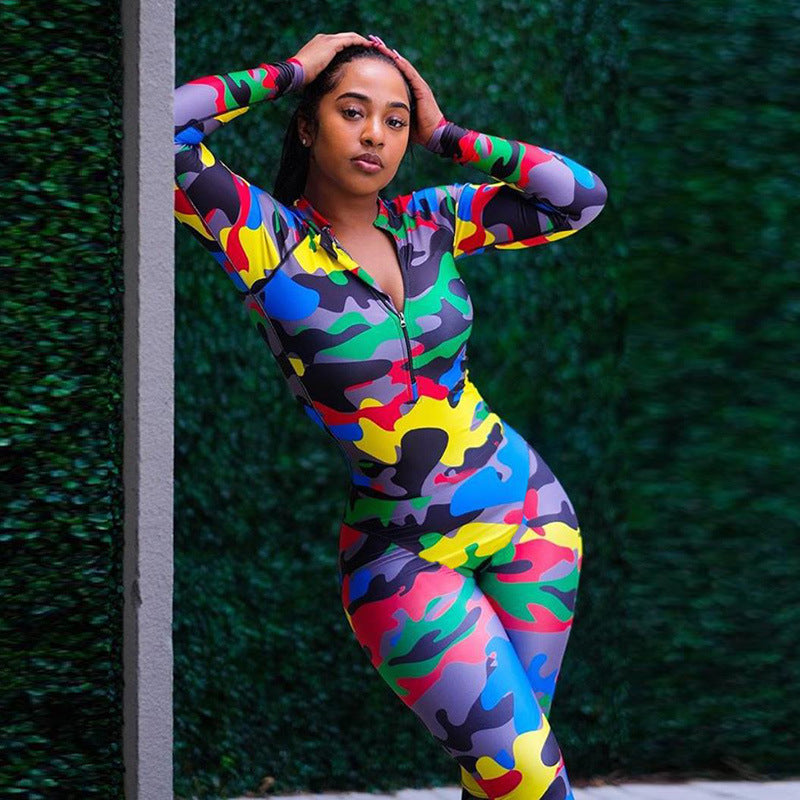 Rainbow Camoflauge Print Women's Long Sleeve Zipper Front Fitness Jumpsuit
