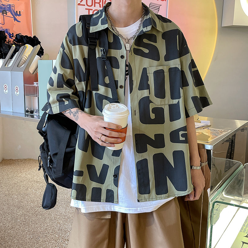 Men's Big Letter Print Turn-Down Collar Short Sleeve Hip-Hop Shirt