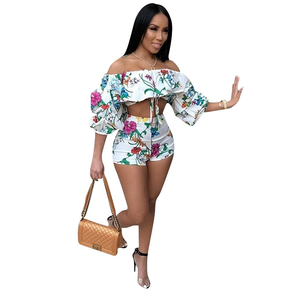Tropical Floral Print Off-the-Shoulder Long Pile Sleeve Women's Top + Mini Shorts 2-Piece Set