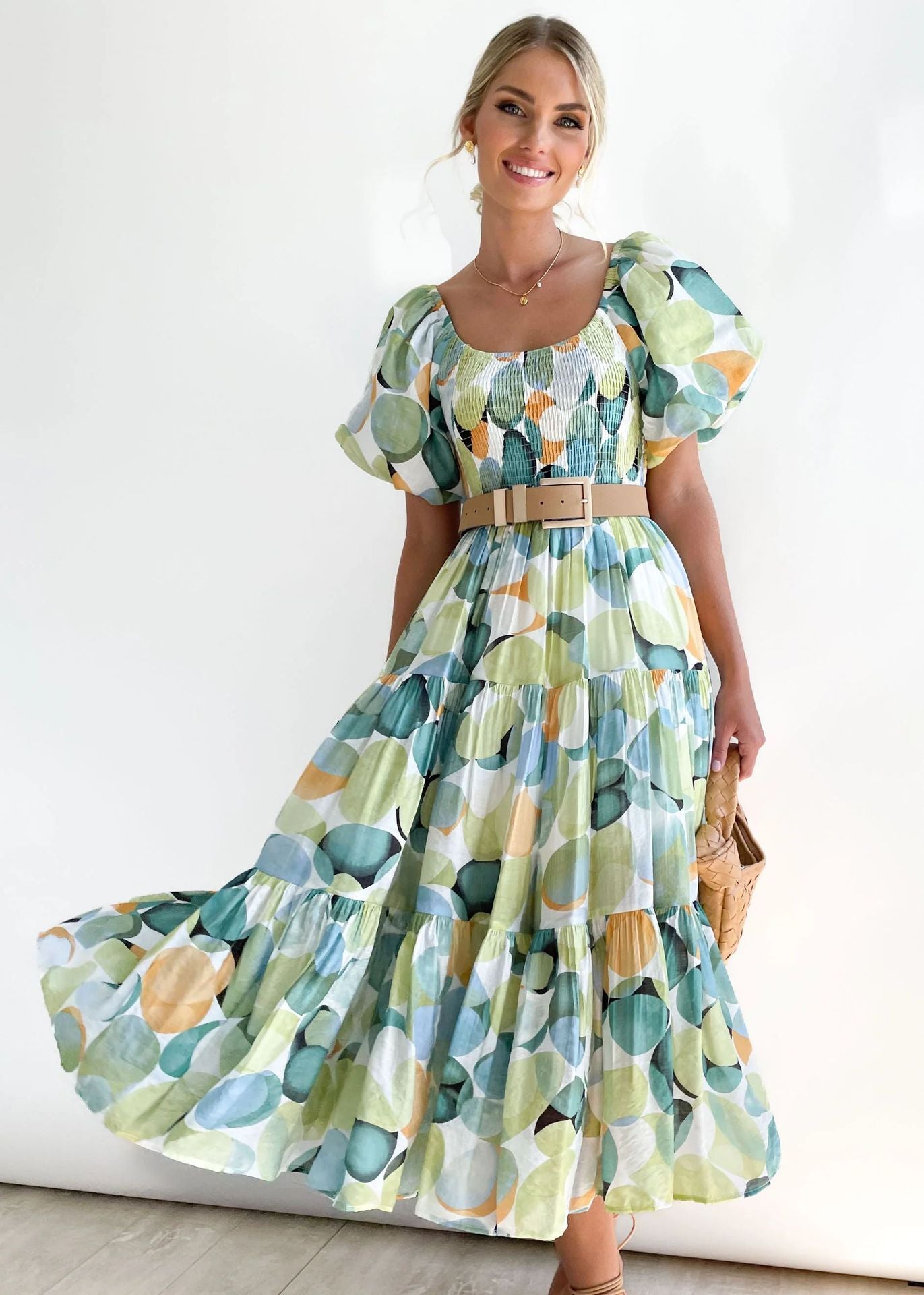 Flower Print Tiered Short Bubble Sleeve High Waist Off-the-Shoulder Bohemian Maxi Dress