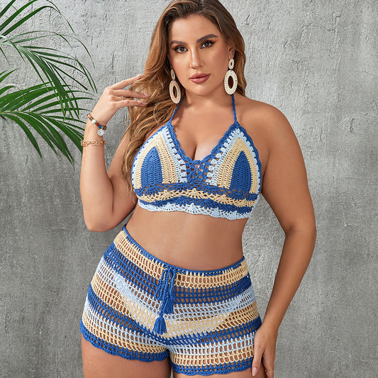 Crochet Knitted Striped Colorblock Hollow-Out 2-Piece Women's Bikini Swimsuit to 3X Plus Size