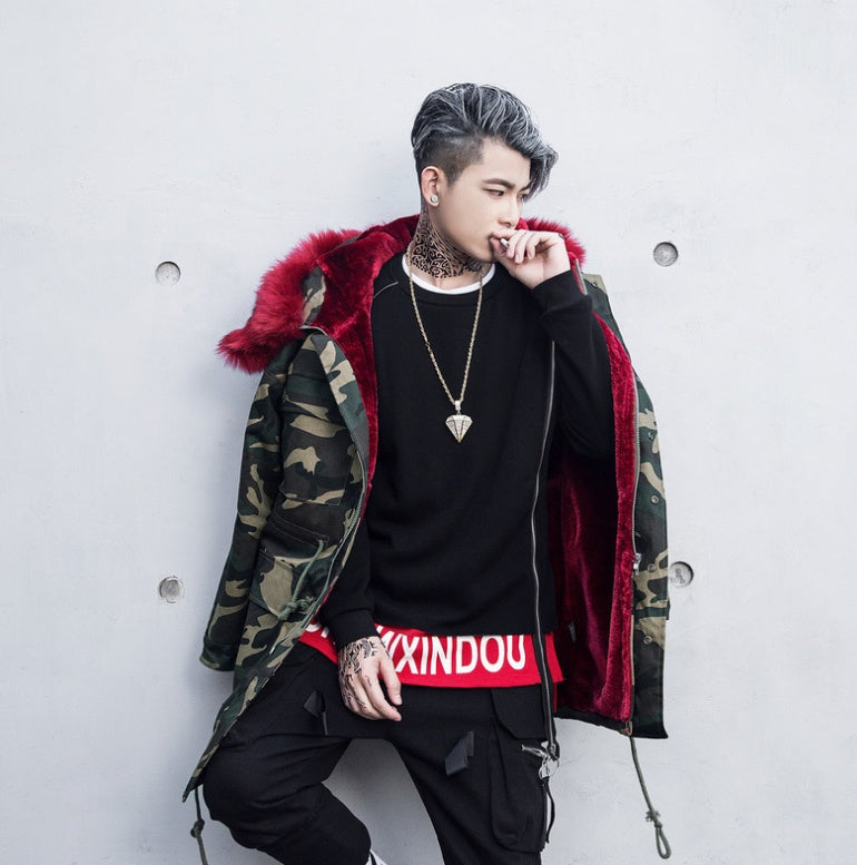 Men's Unisex Camoflauge Graffiti Print Velvet Lined Hip-Hop Hoodie Coat