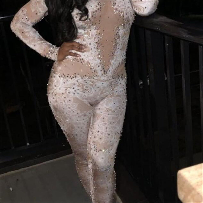 Crystal Metallic Floral Rhinestone Mesh Hollow-Out Print Long Sleeve Women's Dance Performance Jumpsuit