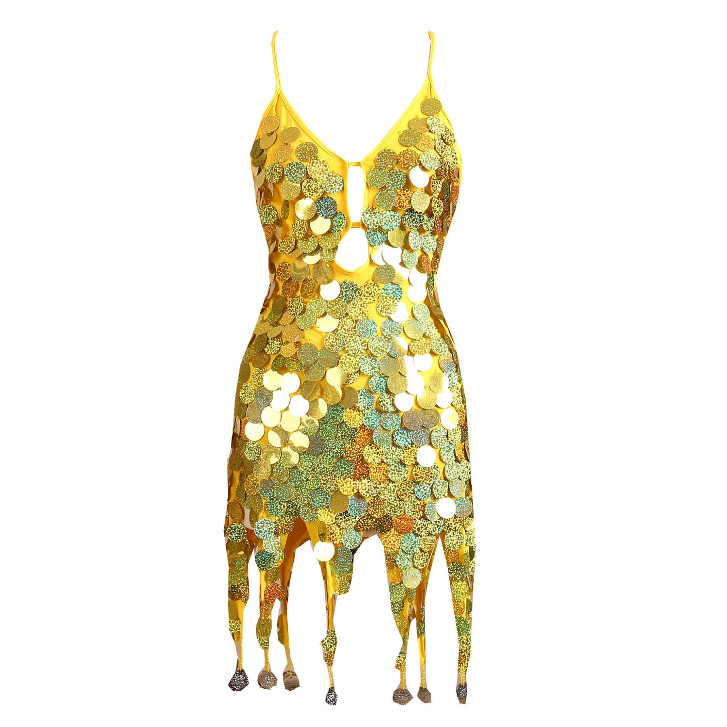 Sleeveless Metallic Sequin Hanging Tassel Design Spaghetti Strap Latin Salsa Dancer Formal Mini Dress