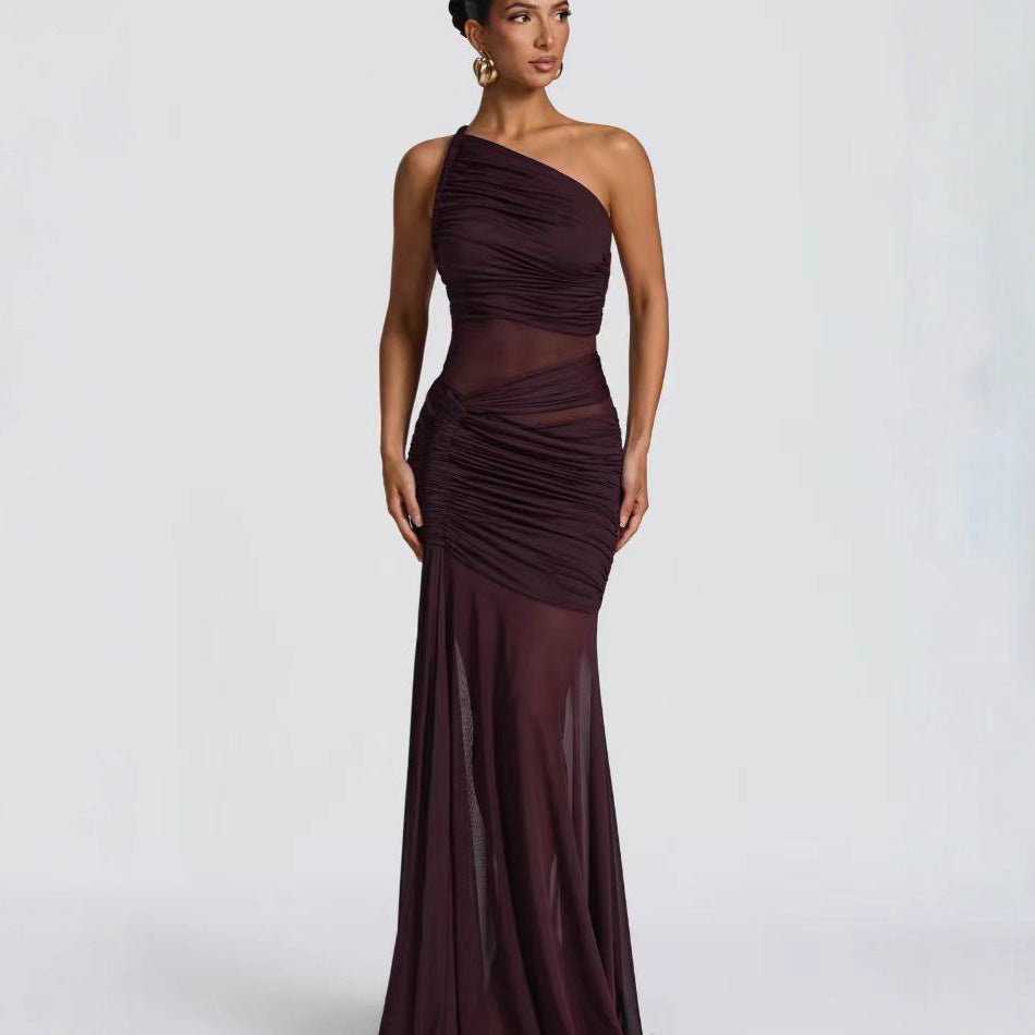 Ruched Sleeveless Asymmetrical One  Shoulder Pleated Cross Bordered Formal Fishtail Maxi Party/Prom Dress