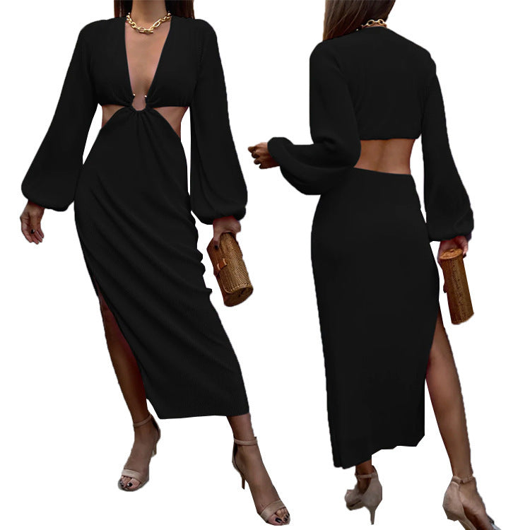 Ribbed Pleated Ring Hollow-Out Design High Side Slit Long Sleeve Maxi Dress