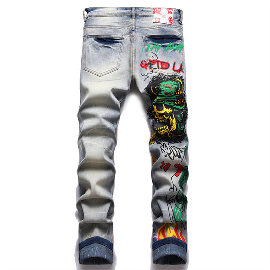 Men's Hip-Hop Denim Faded Airbrush Graffiti Print Ruched Button Fly Skinny Jeans