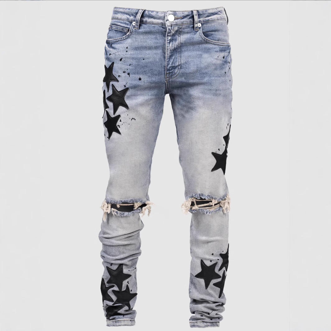 Men's Star Print Hip-Hop Denim Faded Ripped  Skinny Stretch Jeans