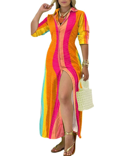 Summer Long-sleeve V-neck Simplicity Button Shirt Dress