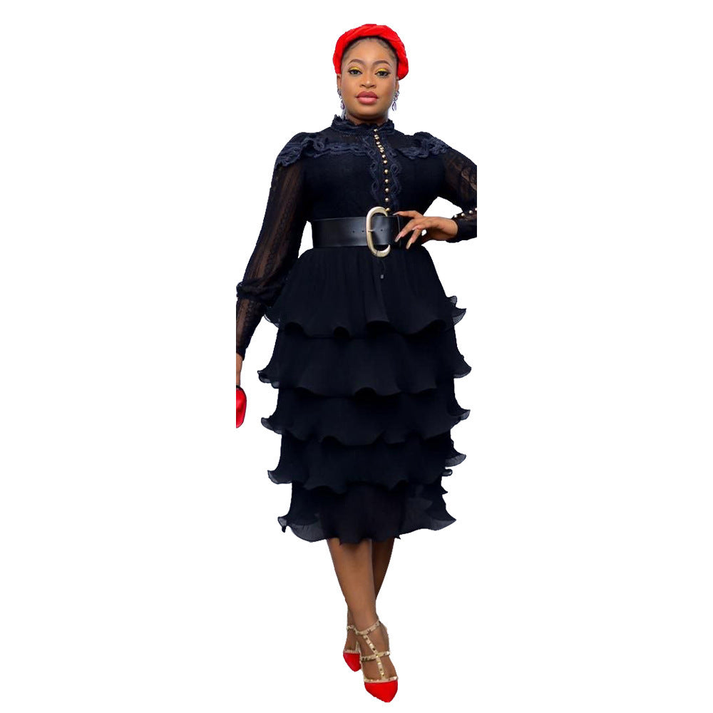 Ruffled Round Neck Loose Tiered Long Sleeve Formal Belted Dress to 5X Plus Size