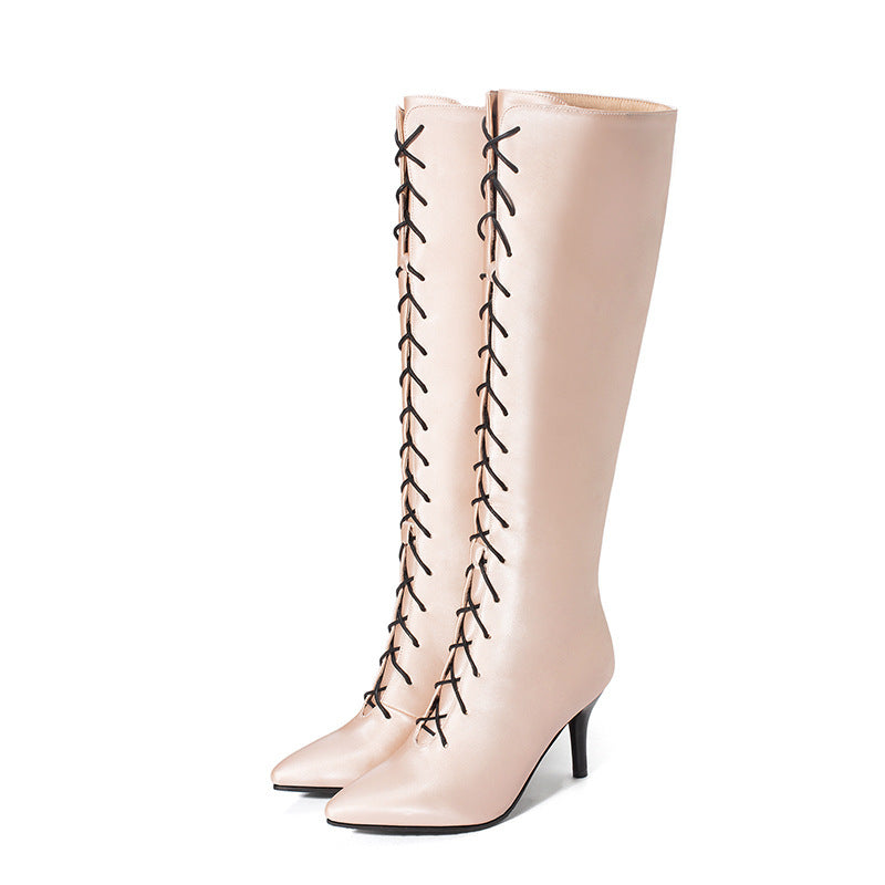 Lace-Up PU Leather Solid Color Women's Low Heel Pointed Toe Knee-High Boots