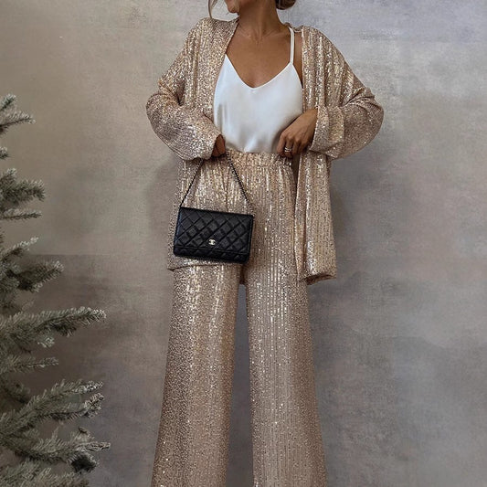 Three-color Sequin Small Suit High Waist Fashion Casual Pants Two-piece Suit