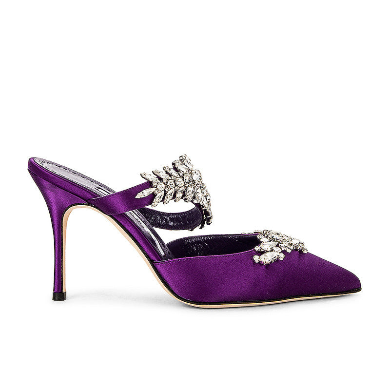 French Crystal Butterfly Rhinestone Strap Pointed Toe Stiletto Heel Mule Pumps