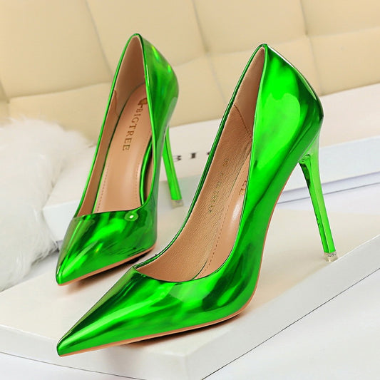 Glossy Shallow Mouth Patent Leather Solid Color Stiletto Heel Women's Pumps