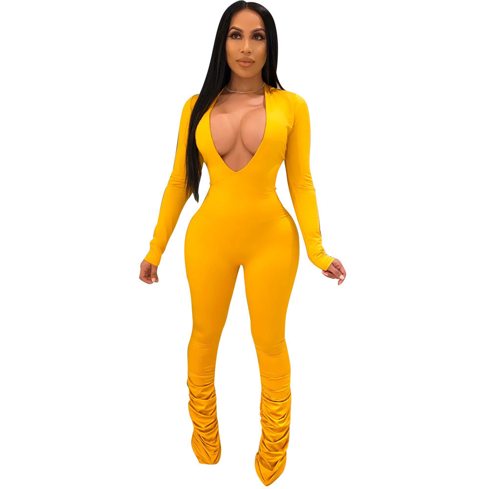 Skin Tight Deep V-Neck Women's Long Sleeve Solid Color Jumpsuit to 3X Plus Size
