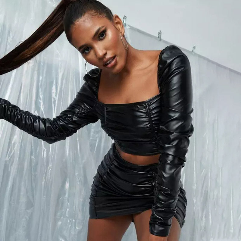 Ruched Black PU Leather Long Sleeve Women's Crop Top + Mini Skirt 2-Piece Set