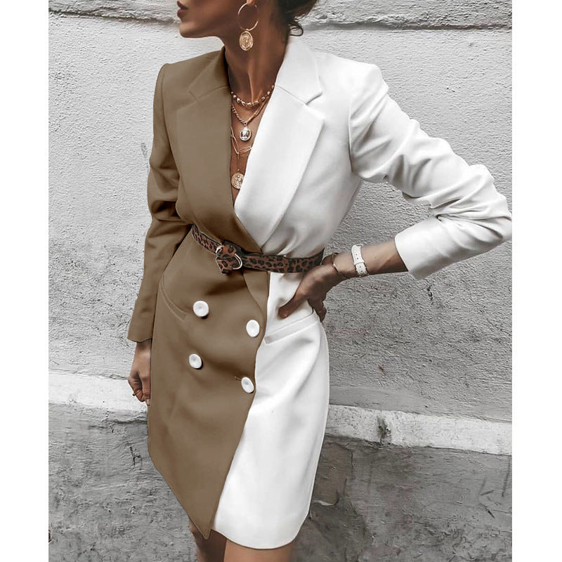 Colorblock 2-Tone Double Breasted Button Decor Long Sleeve Blazer Midi Office Dress