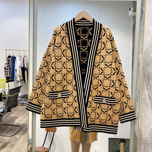 Monogram Print Striped Hem Knitted Cardigan sweater