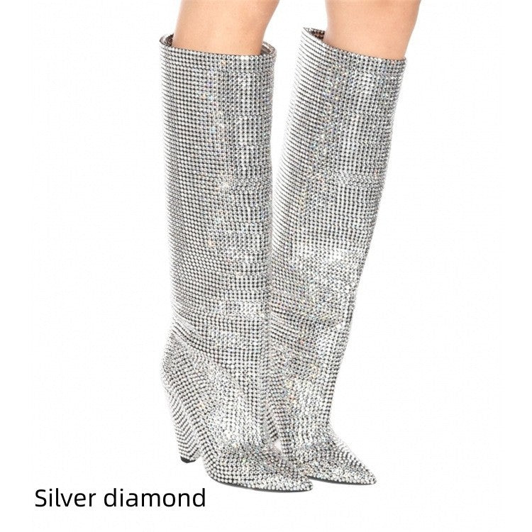 Silver/Black Diamond Metallic Sparkling Rhinestone High Heel Pointed Toe Knee-High Boots
