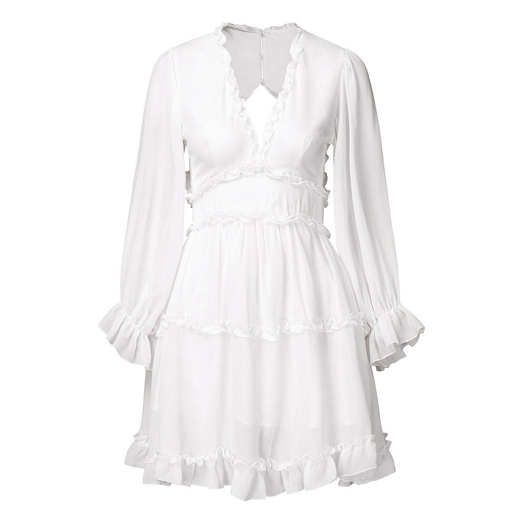 Bohemian Floral Print Ruffled Deep V-Neck Long Puff Sleeve Mini Dress